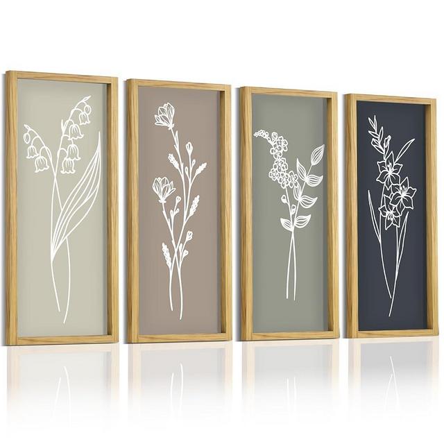 LITIVY Boho Wall Art 16”x7” Wooden Framed Floral Set of 4 Rustic Minimalist Botanical Farmhouse Bathroom Living Room Wall Decor (Naturals)
