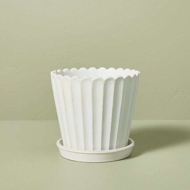 Small Scallop-Fluted Stoneware Indoor/Outdoor Planter Pot with Saucer Cream - Hearth & Hand™ with Magnolia