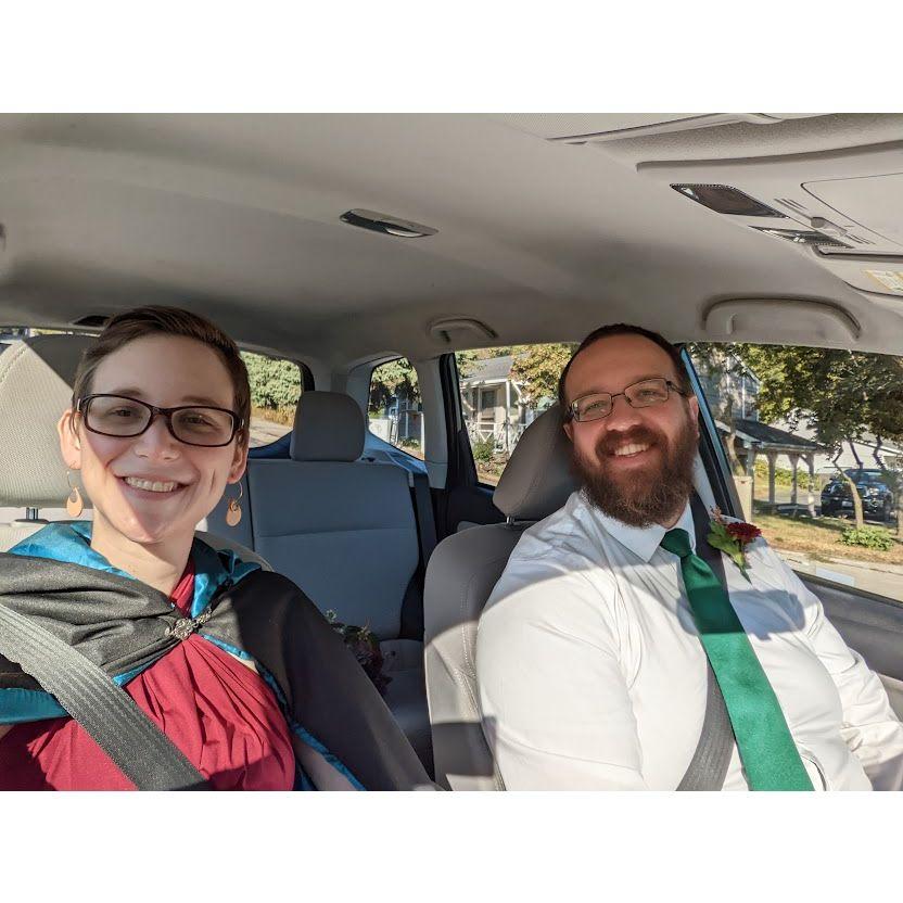 On the way to Matt and Cera's wedding!