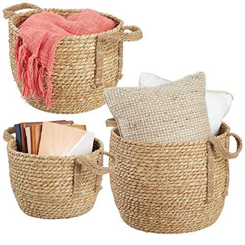 mDesign Round Woven Braided Rope Seagrass Home Storage Baskets, Jute Handles - for Organizing Closet, Bedroom, Bathroom, Living Room, Entryway, Office - Bins in Different Sizes - Set of 3 - Natural