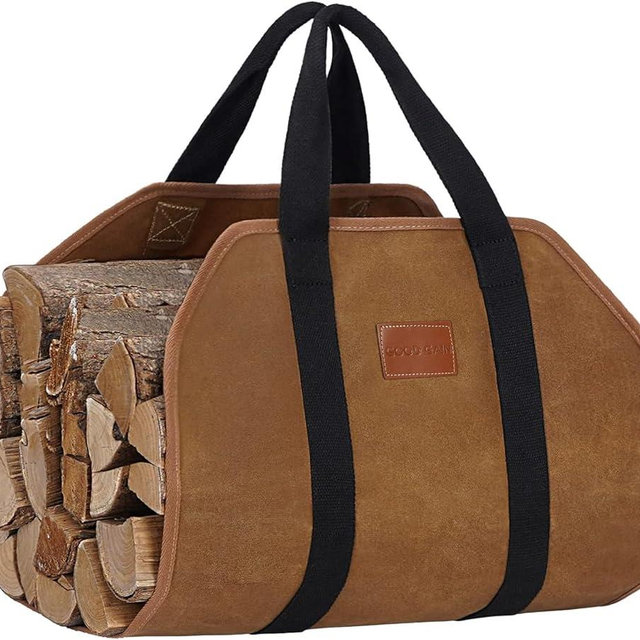 G GOOD GAIN Firewood Carrier Waxed Canvas with Handles, Wood Carrier for Firewood, 39x18 Inch Heavy Duty Firewood Storage Tote, Fireplace Log Carrier Indoor Bag, Wood Stove Accessories. Rust