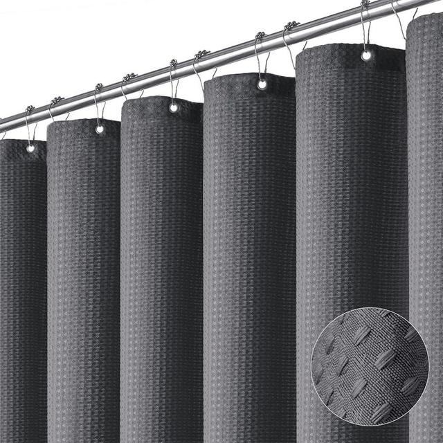 Dynamene Extra Wide Shower Curtain - 84 Inch Wide Waffle Weave Weighted Thick Cloth Bathroom Shower Curtain, Neutral Heavy Duty Hotel Bath Curtain Set with 14 Plastic Hooks, 84x72, Charcoal Grey