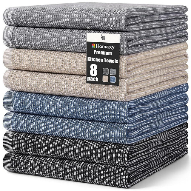 Homaxy Premium Kitchen Towels(18”x 28”, 8 Pack), Large Cotton Kitchen Hand Towels, Flat and Terry Dish Towels, 380 GSM Highly Absorbent Tea Towel Set with Hanging Loop, Multicolor