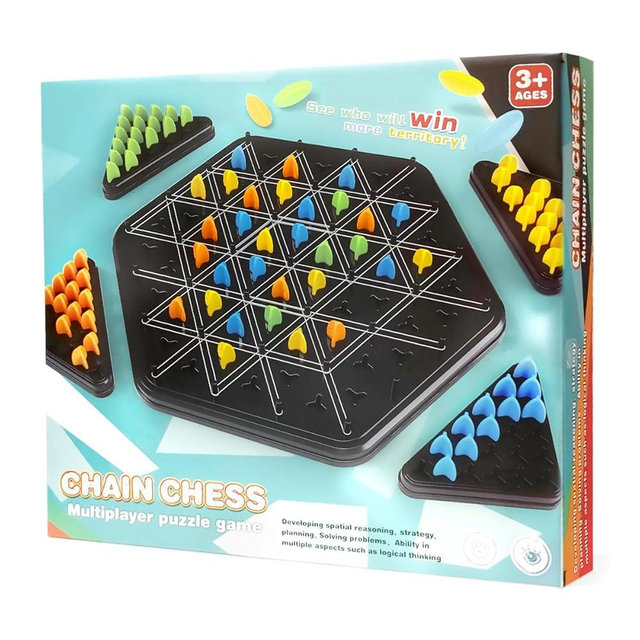 Triangle Chain Strategy Board Game, Geometric Chess Puzzle Games, Chain Triangle Chess Game with Rubber Band for Kids Adults Family Party Night 2 to 4 Players