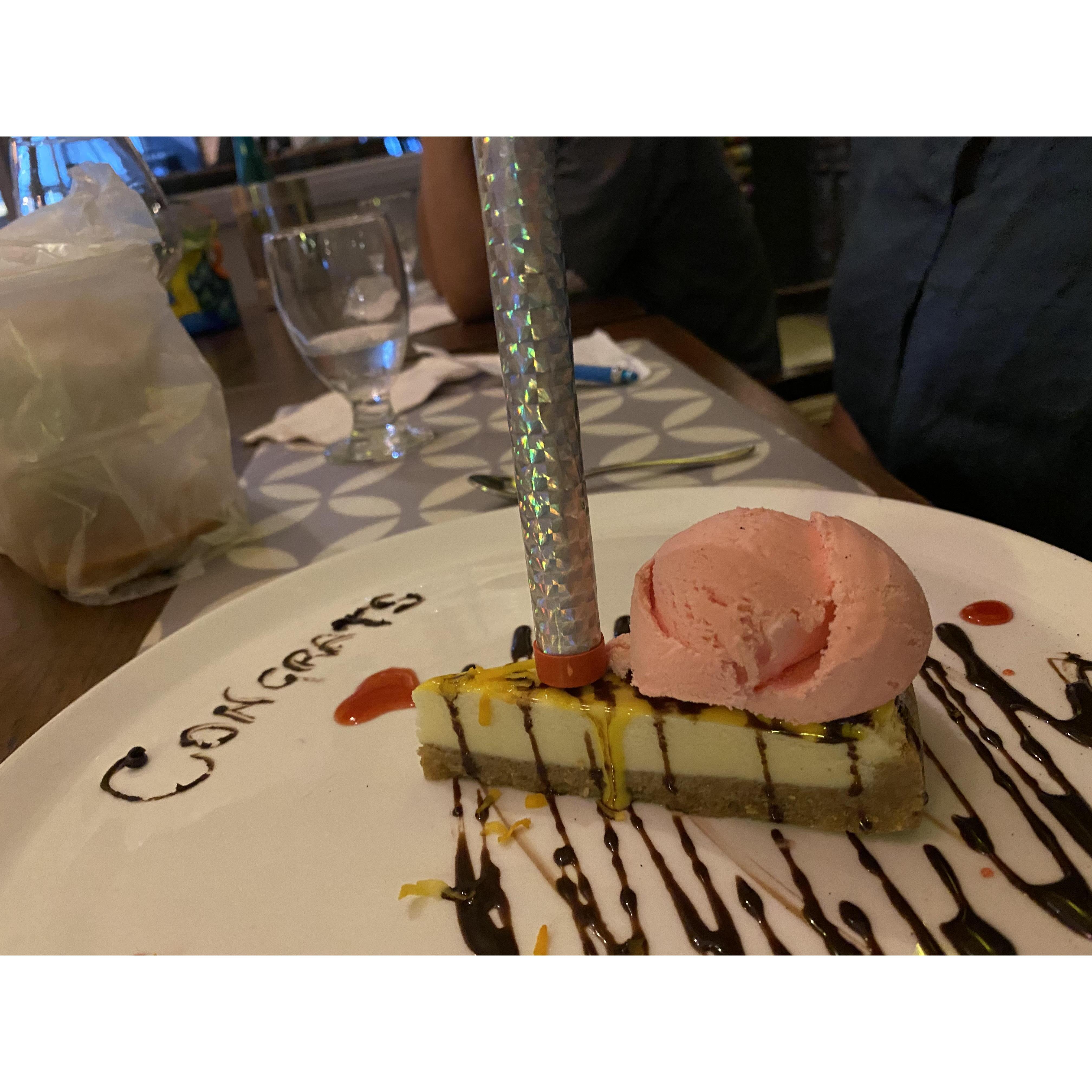 After a long day at the beach, we had a delicious meal at Spice of India and a congratulatory dessert with sparklers and all.