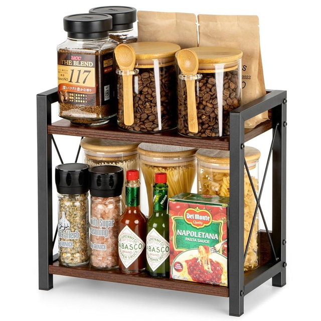 ANBOXIT Counter Coffee Bar Organizer, Coffee Station Organizer for Countertop, Wooden Kitchen Counter Shelf, 2 Tier Spice Rack, Small Shelf for Kitchen, Office, Home - Brown