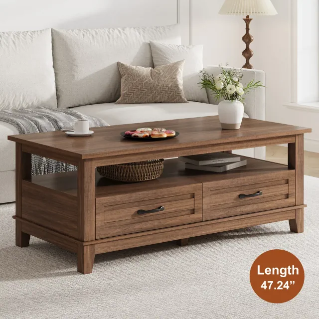 Farmhouse Coffee Table with Drawers, 47.2" Center Table Rustic Coffee Tables Walnut Living Room Table