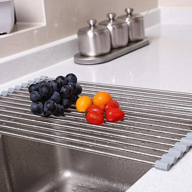 Ahyuan Roll up Dish Drying Rack Over The Sink Dish Drying Rack Portable Stainless Steel Rolling Rack Foldable Dish Drainers for Kitchen Sink Counter (Warm Grey, 11.8''Wx17.8''L)