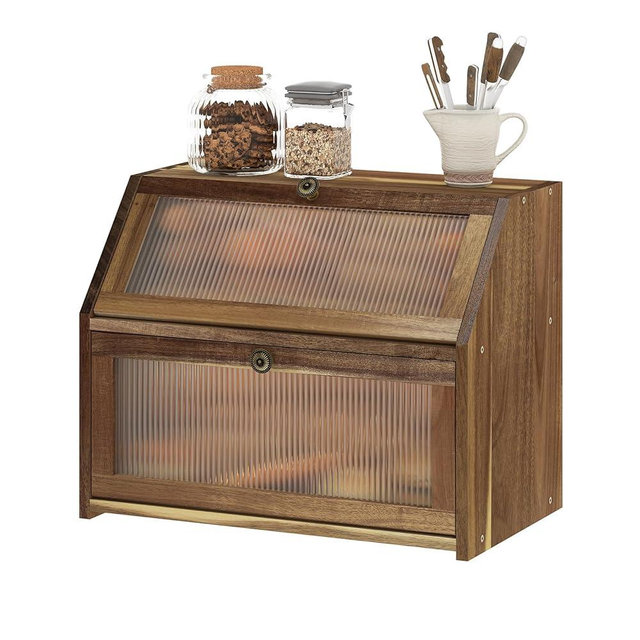 Kitsanery Bread Box for Kitchen Countertop, Acacia Wood Bread Storage Container, 2 Layer Large bread holder, Pantry Organizers, Corner Vintage Decor