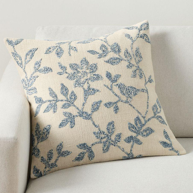 Hermosa Floral Embroidered Pillow, 22" x 22", Chambray Multi