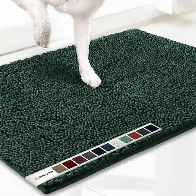 Muddy Mat® AS-SEEN-ON-TV Highly Absorbent Microfiber Dog Door Mat and Pet Rug, Non Slip Thick Washable Area and Bath Mat Soft Chenille for Kitchen Bathroom Bedroom and Indoor- Dark Green Large 35"X24"