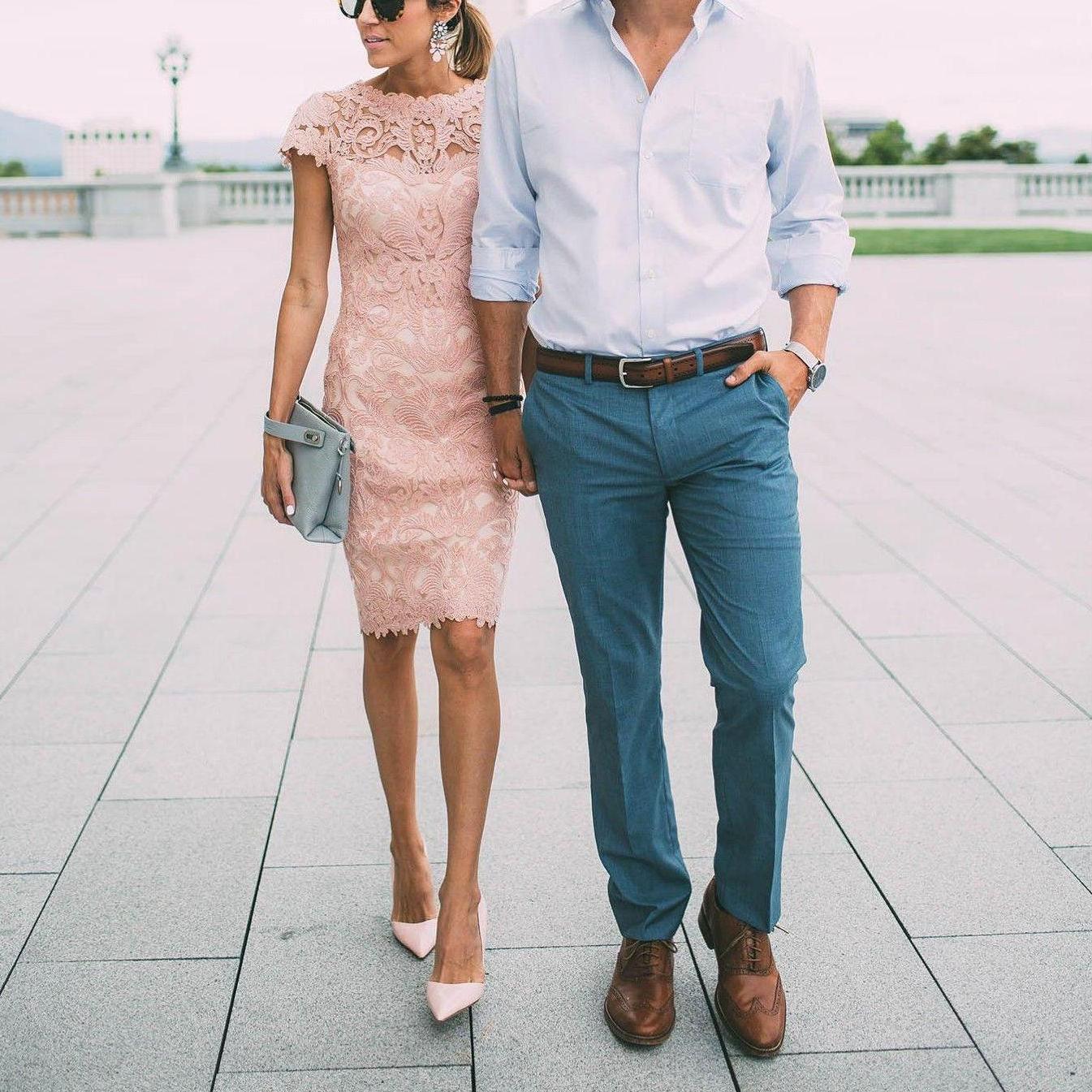 Blush Cocktail Dress and White Polo paired with Blue Slacks