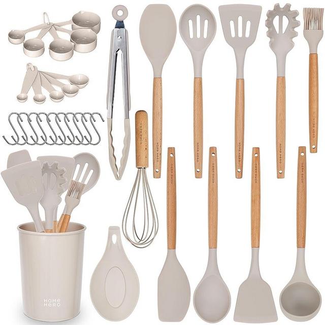 33-Pcs Kitchen Utensils Set - Silicone Cooking Utensils Set - First Home Essentials Utensil Sets - Silicone Utensil Set - Household Essentials - Kitchen Accessories for Nonstick Cookware - Stone