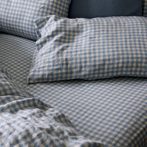 Warm Blue Gingham 100% Linen Fitted Sheet - Queen