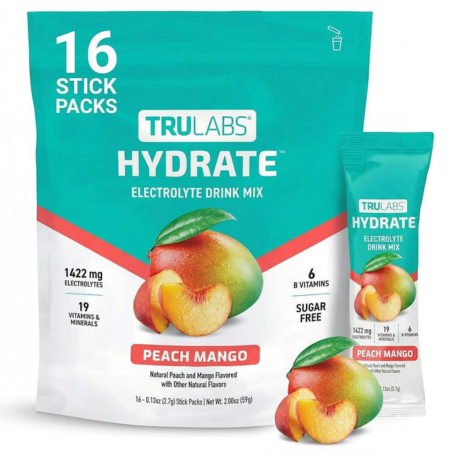 TRULABS Hydrate Electrolyte Drink Mix – Peach Mango Flavor, Sugar-Free Hydration Packets with 1422 mg Electrolytes & 19 Vitamins & Minerals, Monk Fruit Sweetened, On-the-Go Sticks (16 Count)