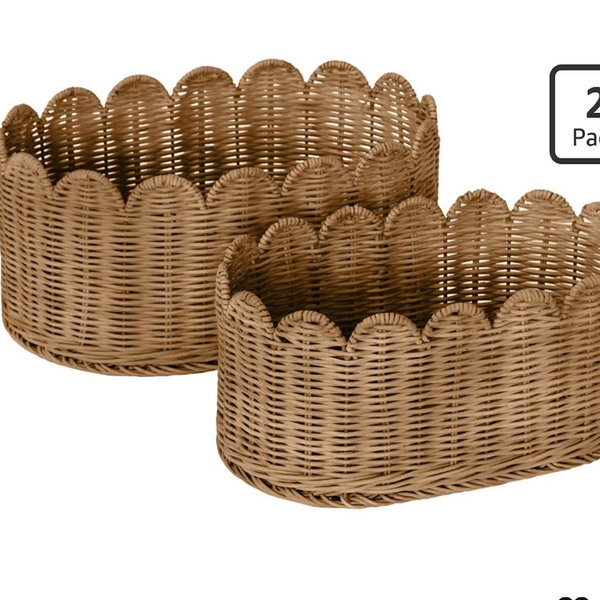 BEBE BASK Premium Scalloped Basket Set Of 2 - Scallop Basket - 16 x 10 x 7 Inch - Hand-Woven Elegant Wicker With Scalloped Edge - Nursery Storage (Mocca)
