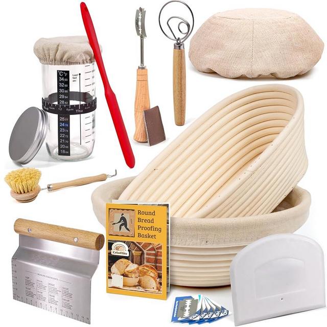 Sourdough Bread Baking Supplies: Banneton Proofing Basket 9'' Round and 10” Oval, Sourdough Starter Jar, Metal and Plastic Scraper, Scoring Lame, Brush, Short Danish Whisk. Perfect Bread-Making Kit
