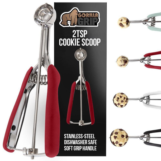 GORILLA GRIP BPA-Free 304 Stainless Steel Cookie Scoop, 2 TSP Scooper #100, Soft Grip Handle, Easy Food Release, Create Even Portions, Multipurpose Kitchen Melon Baller, Meatball Spring Scoops, Red