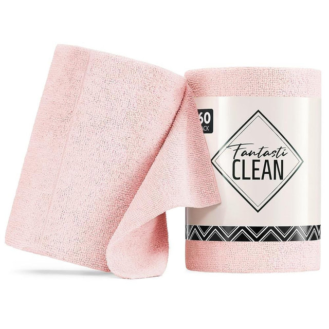 Fantasticlean Microfiber Cleaning Cloth Roll -60 Pack, Tear Away Paperless Towels, 8" x 8", Reusable Washable Rags, for House Kitchen, Pet, Office, Indoor Outdoor, Compact and Portable (Pink)