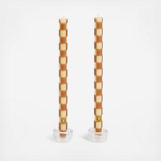 Mocha Check Dinner Candle, Set of 2