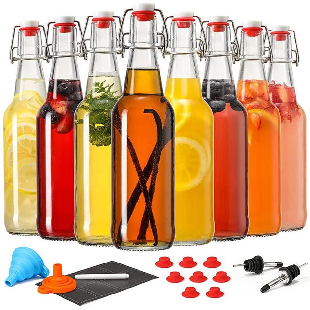 16oz Swing Top Glass Bottles, Set of 8 - Flip Top Beer Brewing Bottles for 2nd Fermentation, Kombucha, Kefir, Vanilla Extract, Coquito, Liquor, Juice, Tea - Airtight Cap Lids, Bonus 2 Bottle Pourer