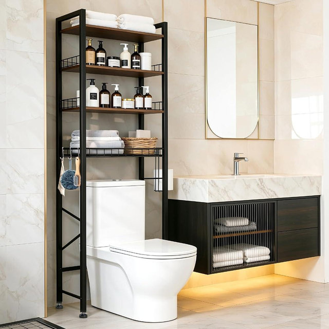 Lovswan 4-Tier Bathroom Organizer Shelf Over The Toilet Storage Cabinet with Feet Pad Over The Toilet Storage Rack with Adjustable Shelf and Basket Bathroom Shelves Above Toilet Bathroom Shelves