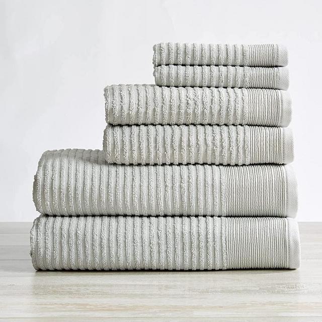 100% Cotton Ribbed Terry Bathroom Towels. Absorbent Quick-Dry Plush Bath Towels. Rori Collection (6 Piece Set, Light Grey)