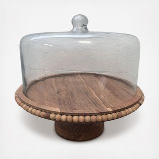 Acacia Wood Footed Cake Plate with Glass Dome