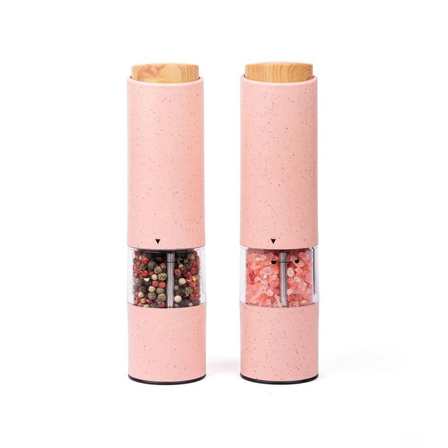 Partslety 2pcs Electric Salt and Pepper Grinder Set, Automatic Shakers Mill Battery Powered One Hand Operation Salt Pepper Mill with Adjustable Coarseness Led Light Base for Kitchen Gadgets Pink
