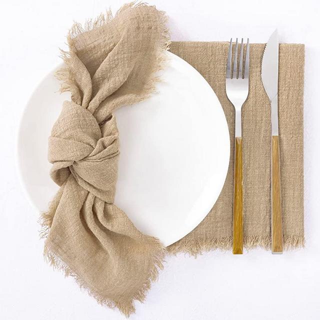 Socomi Handmade Cloth Napkins with Fringe Set of 8 Caramel Cotton Linen Napkins 18"x18" Rustic Dinner Napkins Bulk for Wedding Party Baby Shower
