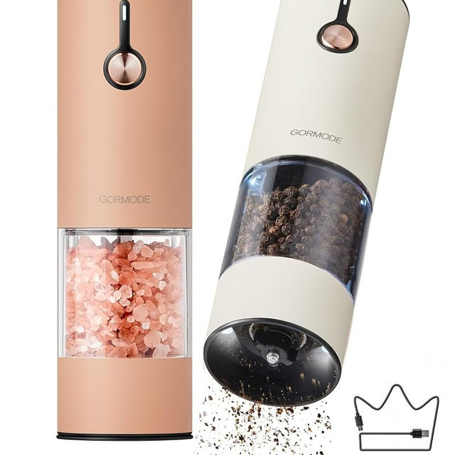 Electric Pepper Grinder and Salt Mill Set - Large Capacity USB Rechargeable Automatic Grinder with Dual LED Lights, One-Handed Operation & Slide Cover - Brushed Stainless Steel