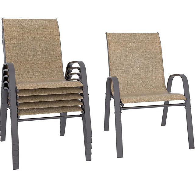 Betterhood Patio Chairs Set of 6, Stackable Outdoor Dining Chairs Set with Breathable Seat Fabric, All-Weather Powder-Coated Metal Frame for Deck, Pool Side and Backyard, 350LBS Capacity (Khaki)