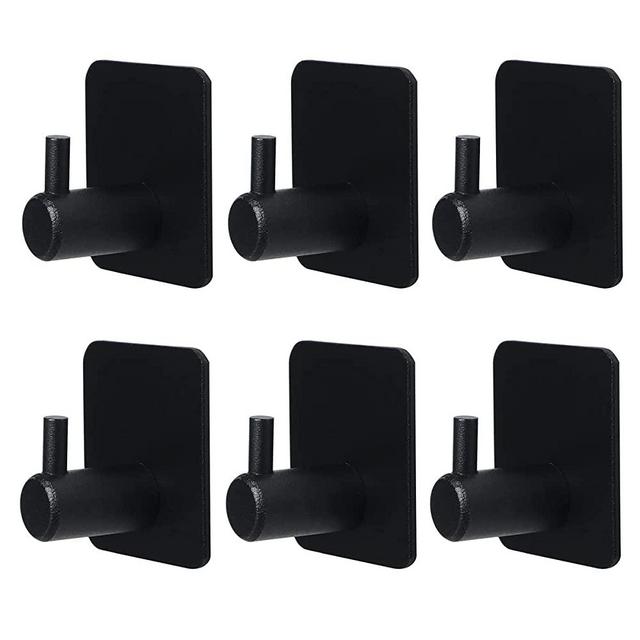 VAEHOLD Black Adhesive Hooks 6 Pack , Heavy Duty Wall Hooks Aluminum Hooks for Hanging Coat, Hat, Towel, Robe, Key, Clothes, Towel Hook Wall Mount for Home, Office, Kitchen, Bathroom(6, Black)