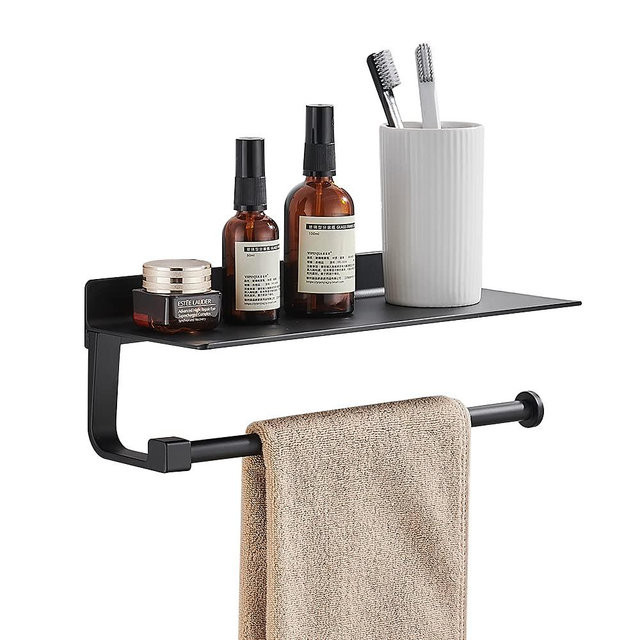 Joom Paper Towel Holder Wall for Kitchen 13 Inch, Bathroom Tissue Roll Hanger with Mobile Phone Storage Shelf,Space Aluminum, Self Adhesive with Glue or Wall Mount with Screws (Black)