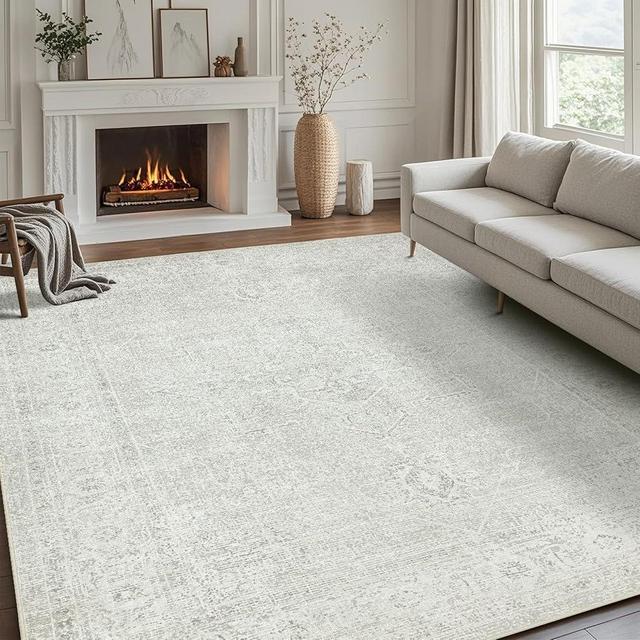 Srugn Washable Rugs 8x10 Area Rugs for Living Room,Rugs for Bedroom,Large Carpets,Ultra Soft Faux Wool Retro Dining Room Rug,Non Slip&Non-Shedding Low Pile Vintage Rugs for Home Office,Concrete Grey