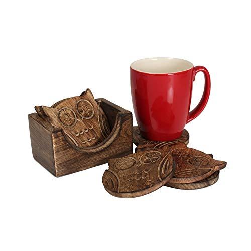 Drink Coaster Set of 6 Handcrafted Wooden for Tea Coffee Beer Glass Dining Owl Design Tabletop Home Decor Kitchen Accessories