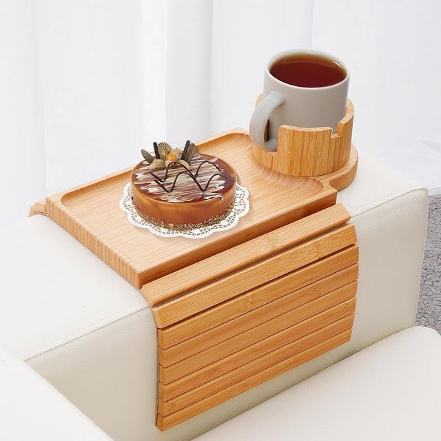 Couch Cup Holder Tray, 3 in 1 Couch Arm Table,Large Bamboo Sofa Arm Rest Table with 360° Cup Holder,Removable Anti-Slip Organizer for Snack Drink Eating Table