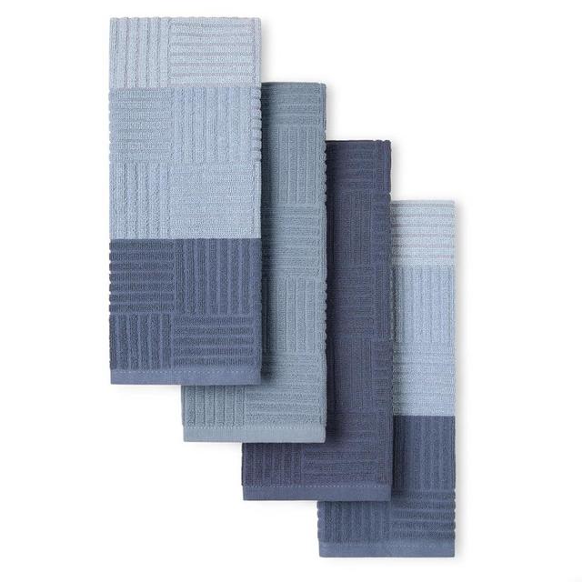 TOWN & COUNTRY BASICS Basketweave Terrycloth Kitchen Towel 4-Pack Set, Absorbent 100% Cotton, Machine Washable, Blue, 16"x28"