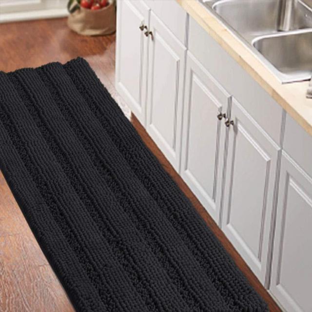 Luxurious Non-Slip Shaggy Chenille Kitchen Runner Black Kitchen Rug Ultra Soft Plush Carpet Mat Shag Shower Bath Runner Absorbent Large Bath Mat for Entryway, Size 59 & 20 Inches, Black