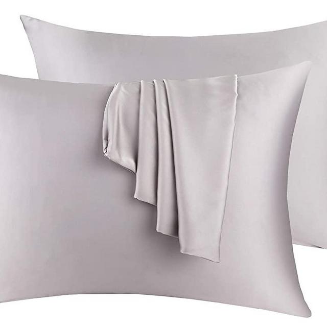 Natural Silk Pillowcase Set of 2 for Hair &Skin - Both Sides 19 Momme 600 Thread Count with Hidden Zipper (Grey, Standard)