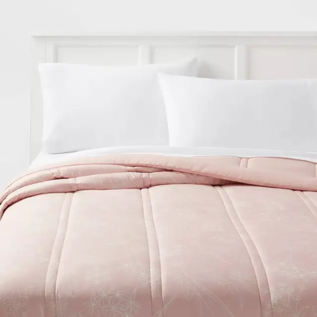 Twin/Twin Extra Long Lofty Microfiber Printed Comforter Light Pink/White Floral - Room Essentials™: Year-Round Bedding, OEKO-TEX Certified