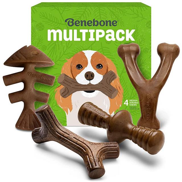 Benebone Holiday 4-Pack Durable Dog Chew Toys for Aggressive Chewers, Real Flavors, Made in USA, Medium