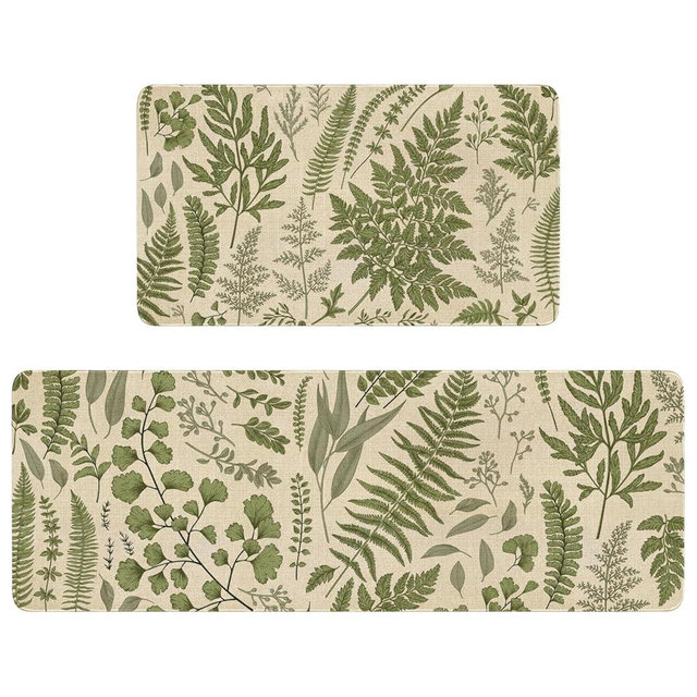 Fuoxowk Boho Botanical Fern Plant Floral Kitchen Rugs and Mats Set of 2,Spring Summer Modern Farmhouse Non Slip Washable Kitchen Floor Sink Mats Decorations for Home Kitchen 18"x48"+18"x30"
