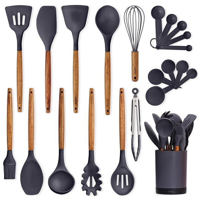 Silicone Kitchen Utensils Set & Holder: Cooking Utensils Set - Kitchen Essentials for New Home & 1st Apartment- Silicone Spatula Set, Cooking Spoons for Nonstick Cookware (Acacia Wood, Grey)