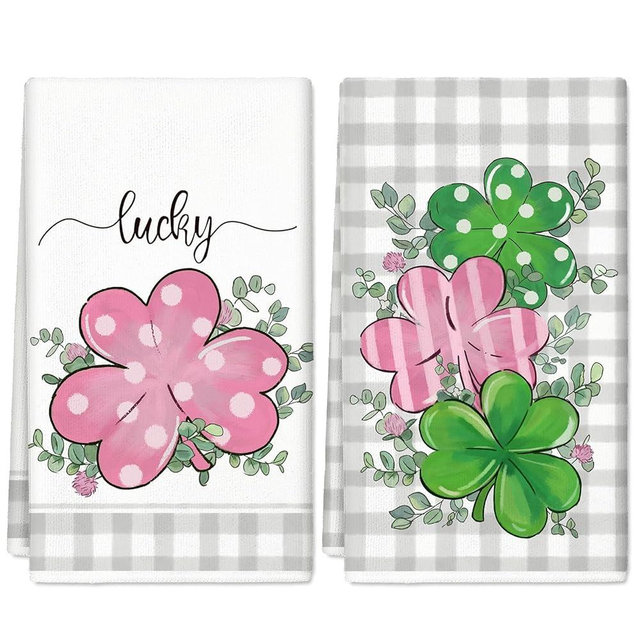 Generic AnyDesign St. Patrick's Day Kitchen Dish Towel Lucky Green Pink Shamrock Clover Tea Towel Irish Plaids Hand Drying Towel for Cooking Baking Cleaning Wipes, 18 x 28 Inch, 2Pcs
