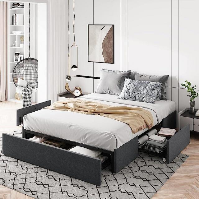 Allewie Full Size Platform Bed Frame with 3 Storage Drawers, Fabric Upholstered, Wooden Slats Support, No Box Spring Needed, Noise Free, Easy Assembly, Dark Grey