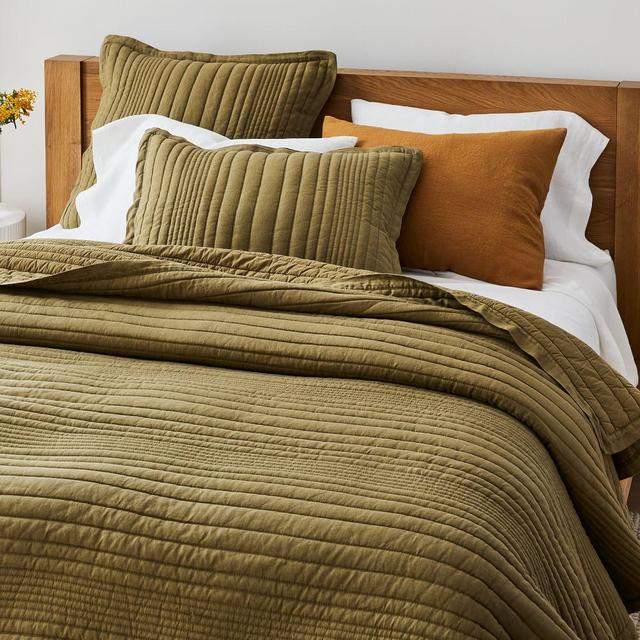 European Flax Linen Linework Quilt, King Set, Cedar
