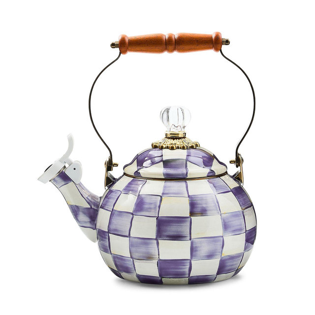 MacKenzie-Childs Violet Check 2 Quart Whistling Tea Kettle
