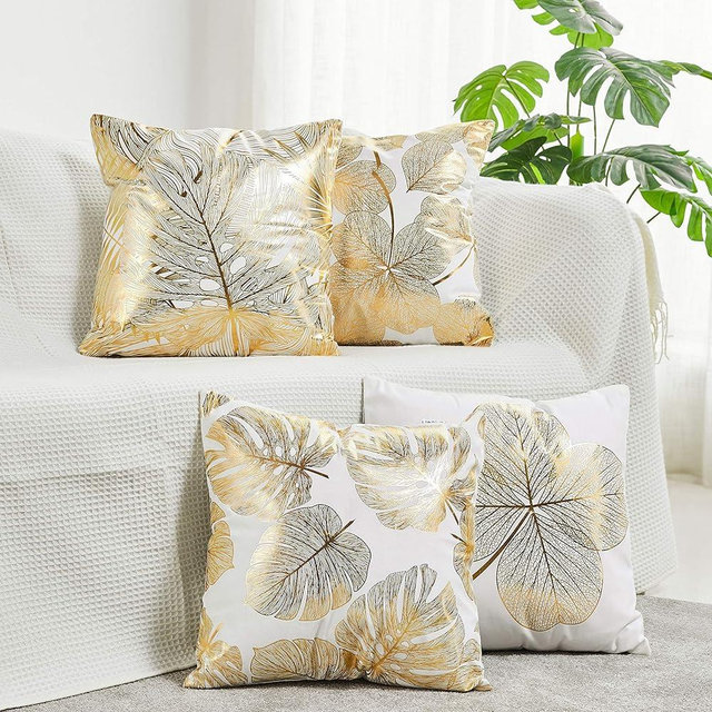 NeatBlanc Pack of 4 Decorative Throw Pillow Case Cushion Cover Gold Stamping Leaves 20 x 20 inches 50 x 50 cm for Couch Bedroom Car…