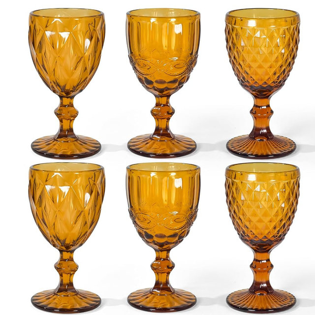 CHLJAR Vintage Wine Glasses Set of 6, 12 OZ Colored Glass Water Goblets, Embossed Floral Decorative Crystal Glass Cups Set, Dishwasher Safe, for Wedding, Party, Red Wine Glass, Bars, Restaurants
